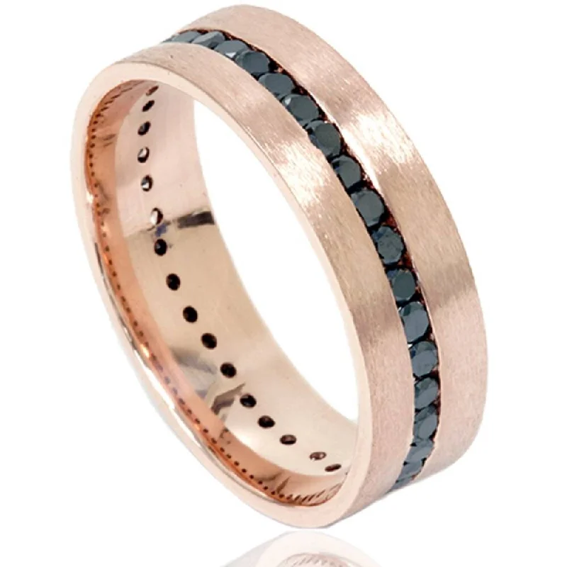 Geometric statement ring-1 1/10ct Channel Set Black Diamond Brushed Ring Rose Gold Mens Wedding Band