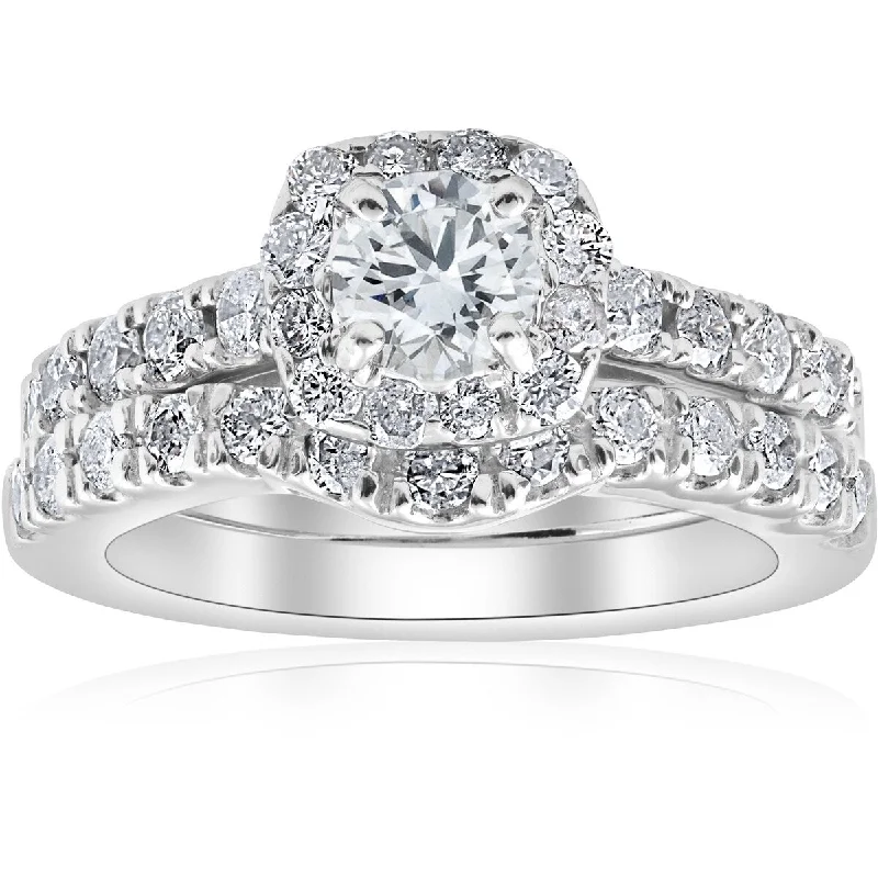 Crystal cluster ring-1 1/10Ct TDW Cushion Halo Engagement Wedding Ring Set 14k White Gold Lab Grown