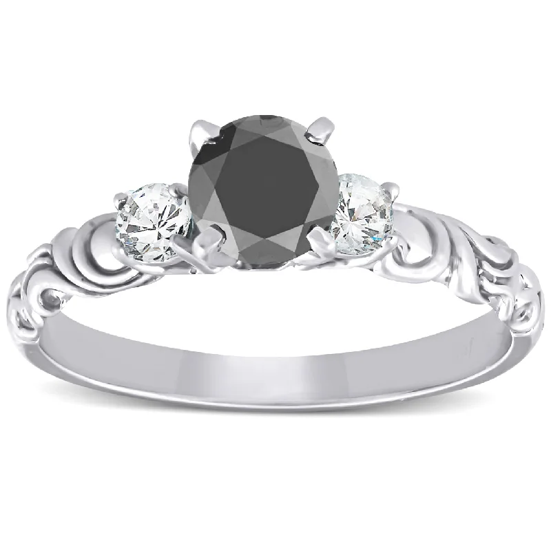 Adjustable moon ring-1 1/14 Ct Black Diamond Three Stone Vintage Engagement Ring 14k White Gold