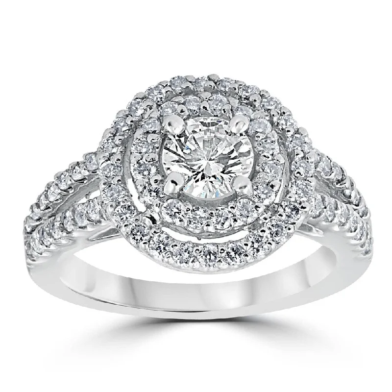 Engraved promise ring-1 1/2 cttw Pave Double Halo Round Brilliant Cut Engagement Ring 14K White Gold