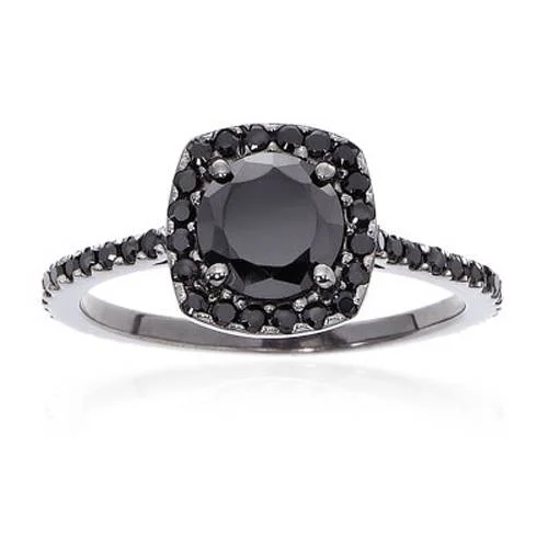 Spiral design ring-1 1/2ct Black Diamond Cushion Halo Ring 14K Black Gold