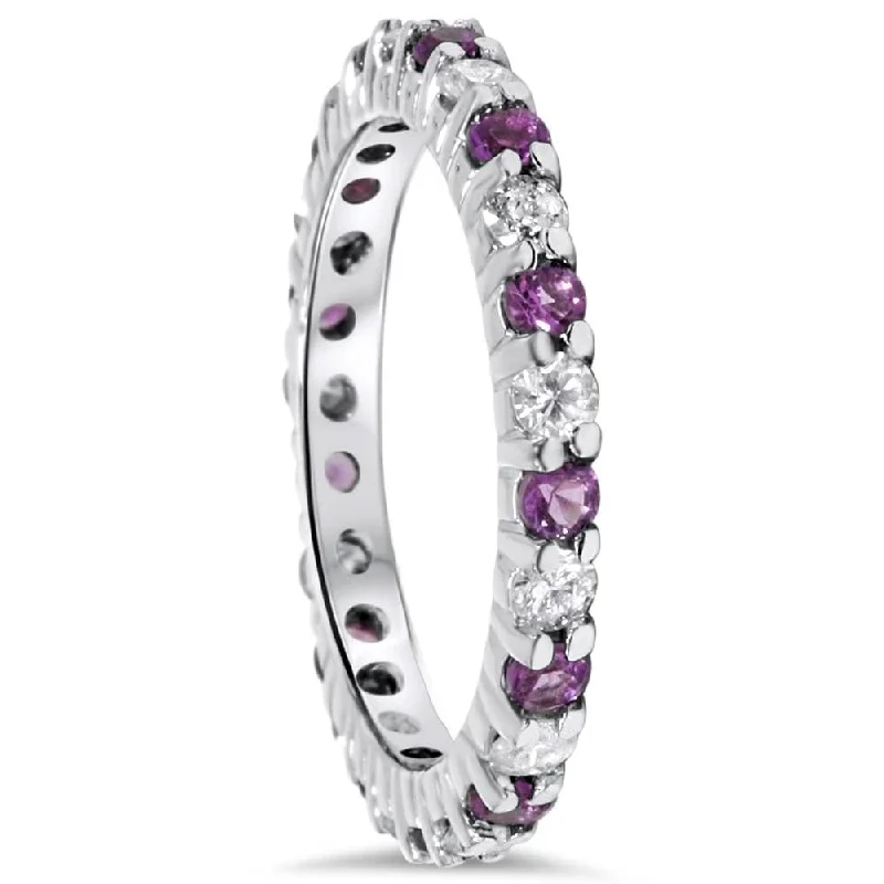 Raw crystal ring-1 1/2ct Diamond & Amethyst Eternity Stackable Ring White Gold