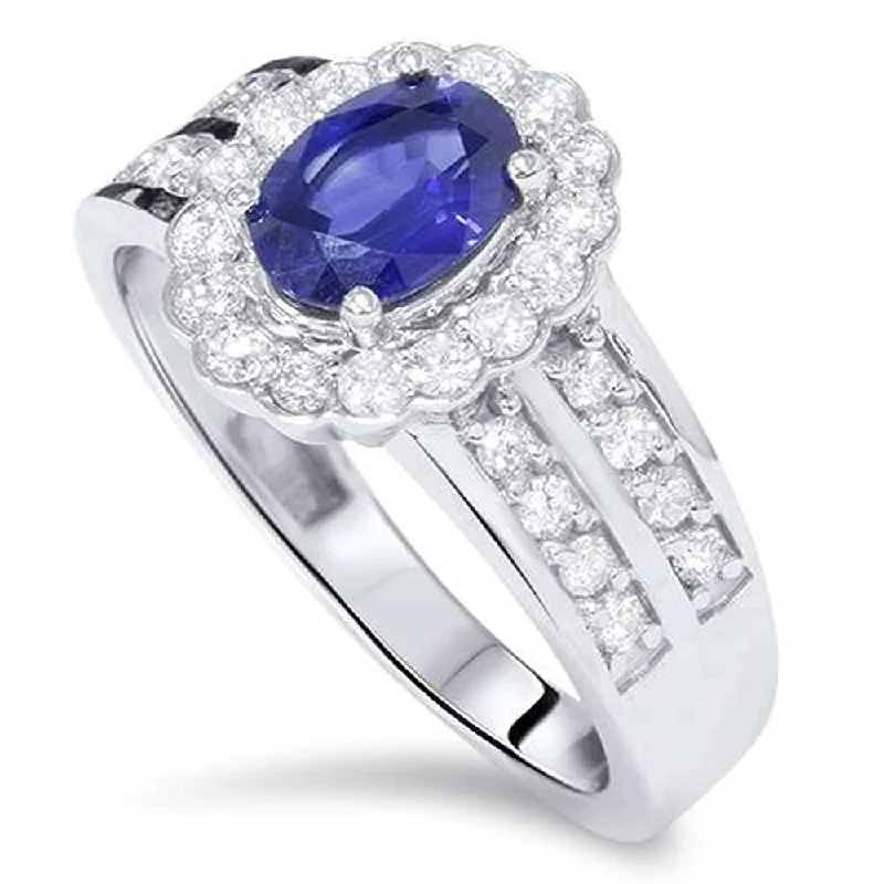 Dotted pattern ring-1 1/2ct Oval Sapphire Diamond Halo Ring White Gold