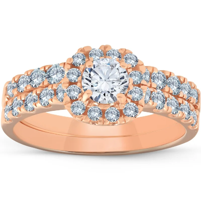 Teardrop crystal ring-1 1/4 Ct TDW Diamond Cushion Halo Engagement Wedding Ring Set 14k Rose Gold