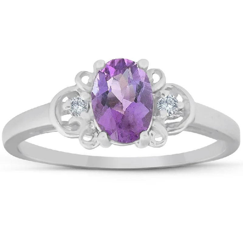 Crystal cluster ring-1 1/4ct Oval Amethyst & Diamond Ring 14K White Gold