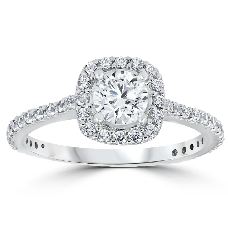 Floral engraved ring-1 1/5ct Round Diamond Cushion Halo Engagement Ring 10k White Gold