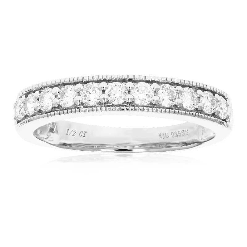 Triple stone ring-1/2 cttw 22 Stones Round Cut Lab Grown Diamond Wedding Band .925 Sterling Silver Prong Set