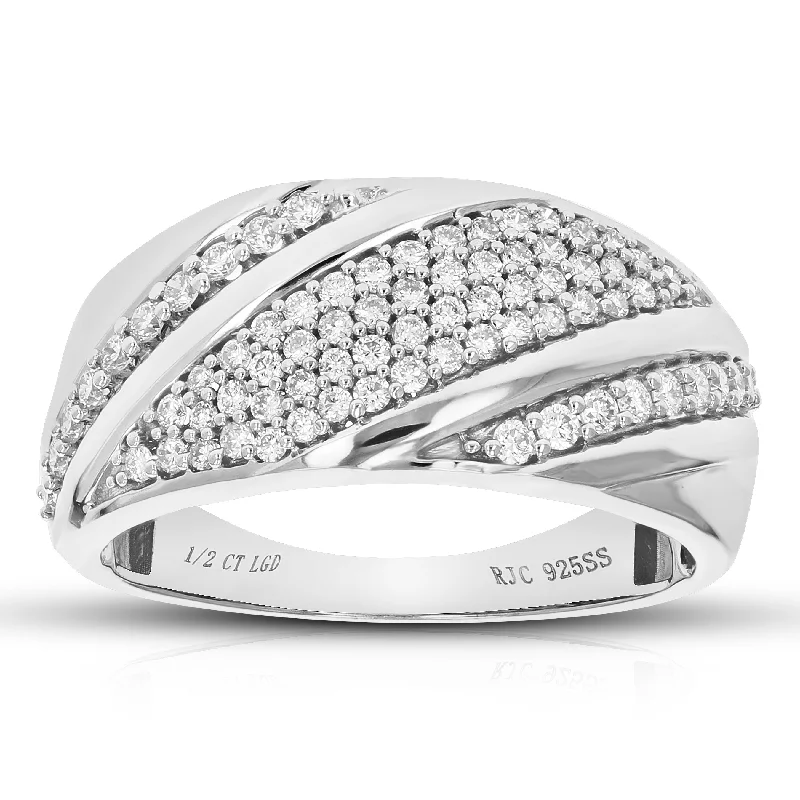 Double band cocktail ring-1/2 cttw Round Cut Lab Grown Diamond Wedding Band 74 Stones .925 Sterling Silver Prong Set