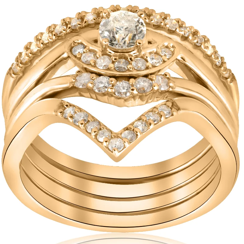 Wave design ring-1/2ct 4-Ring Stackable 10k Yellow Gold Diamond Solitaire Wedding Engagement Set