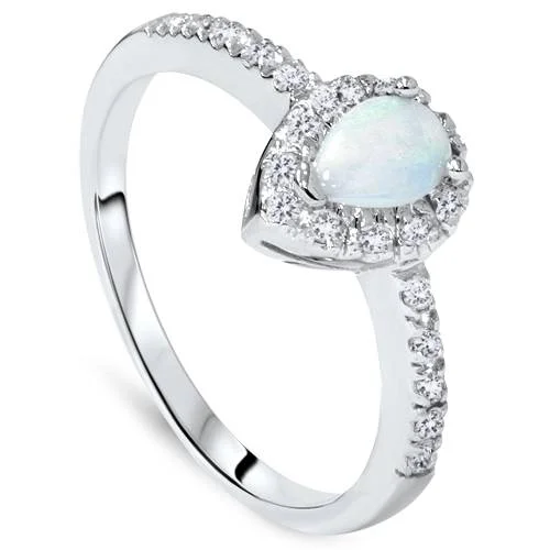 Star-shaped ring-1/2ct Pear Shape Opal & Diamond Halo Ring 14K White Gold