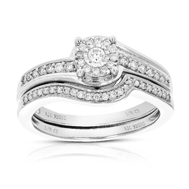 Hexagonal gem ring-1/3 cttw Round Cut Lab Grown Diamond Bridal Set .925 Sterling Silver Prong Set