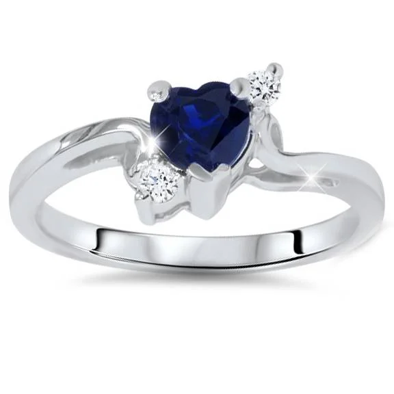 Victorian style ring-1/3ct Blue Heart Sapphire Diamond Ring 14K White Gold