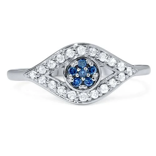 Adjustable birthstone ring-1/3ct Blue & White Diamond Evil Eye Ring 14K White Gold