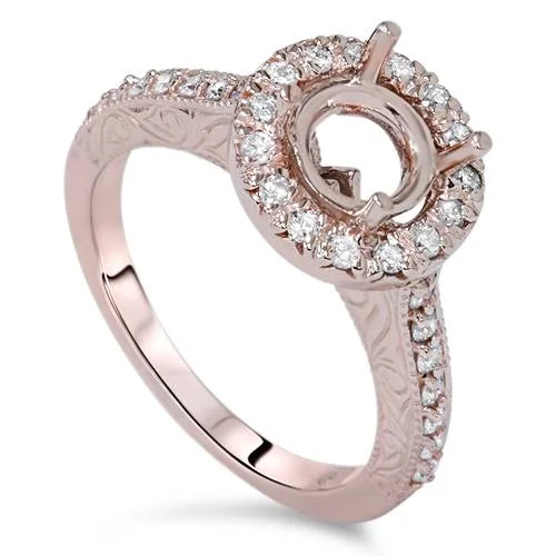 Triple stone ring-1/3ct Vintage Halo Diamond Ring Setting 14K Rose Gold