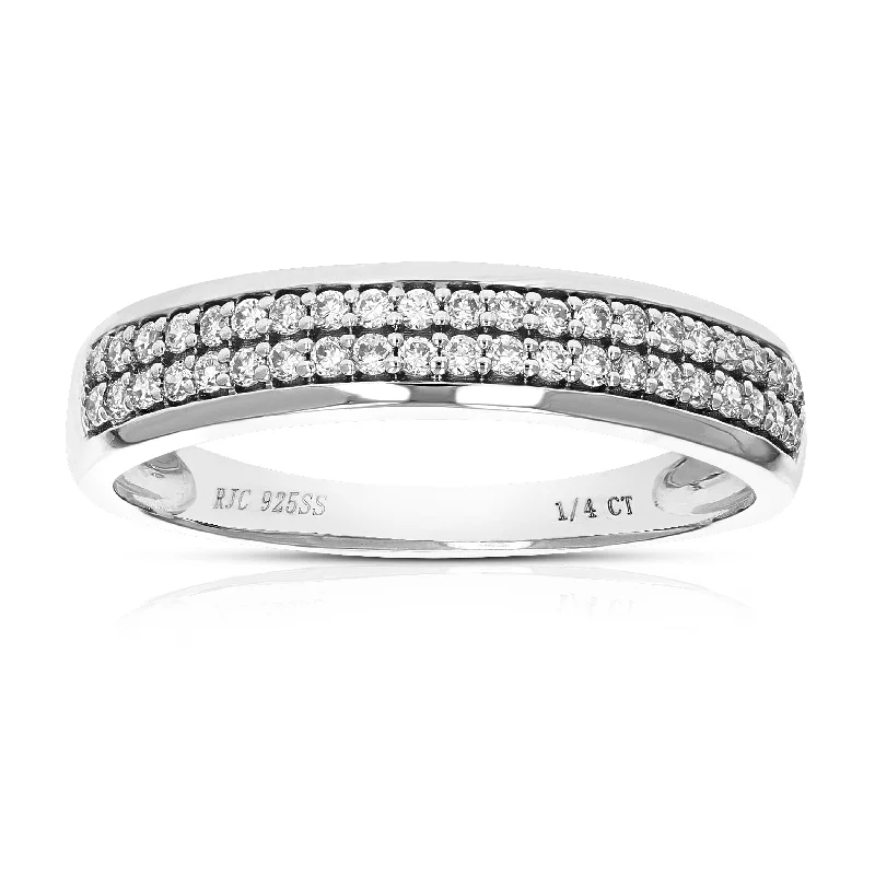 Baguette cut ring-1/4 cttw 42 Stones Round Cut Lab Grown Diamond Wedding Band .925 Sterling Silver Prong Set