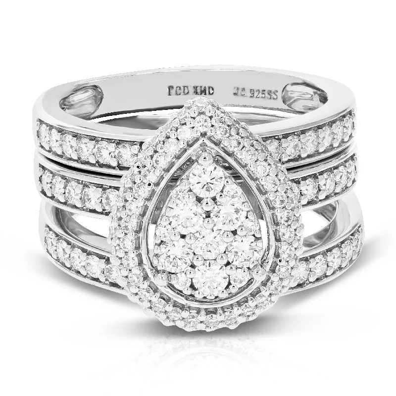 Engraved promise ring-1.50 cttw Round Cut Lab Grown Diamond Pear Shaped Bridal Set 118 Stones .925 Sterling Silver Prong Set Size 7