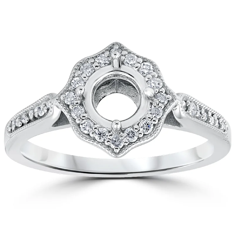 Baguette cut ring-1/5ct Vintage Halo Diamond Engagement Ring Setting 14k White Gold With Milgrain