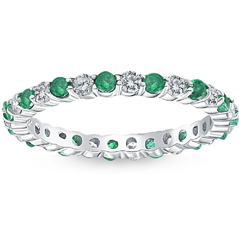 Textured band ring-1 cttw Emerald & Diamond Wedding Eternity Stackable Ring 10k White Gold