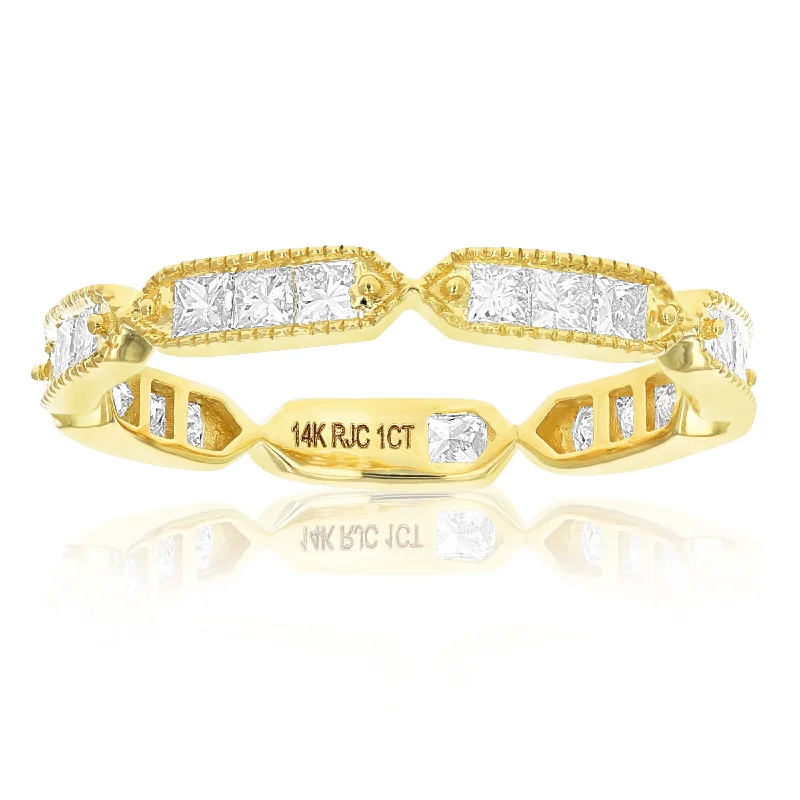 Elegant halo ring-1 cttw Princess Diamond Eternity Ring Wedding Band with Milgrain 14K Yellow Gold