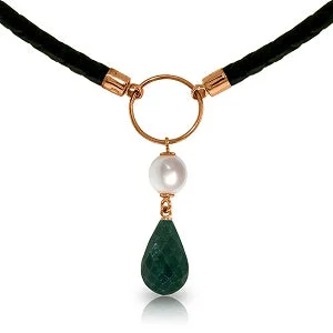 Modern minimalist necklace-10.8 Carat 14K Solid Rose Gold Leather Necklace Pearl Emerald