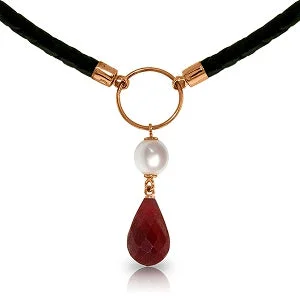 Baguette cut necklace-10.8 Carat 14K Solid Rose Gold Leather Necklace Pearl Ruby