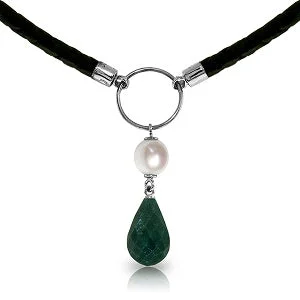 Opal gem necklace-10.8 Carat 14K Solid White Gold Leather Necklace Pearl Emerald