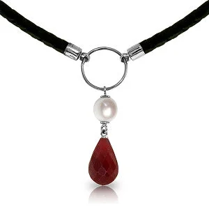 Rainbow gem necklace-10.8 Carat 14K Solid White Gold Leather Necklace Pearl Ruby