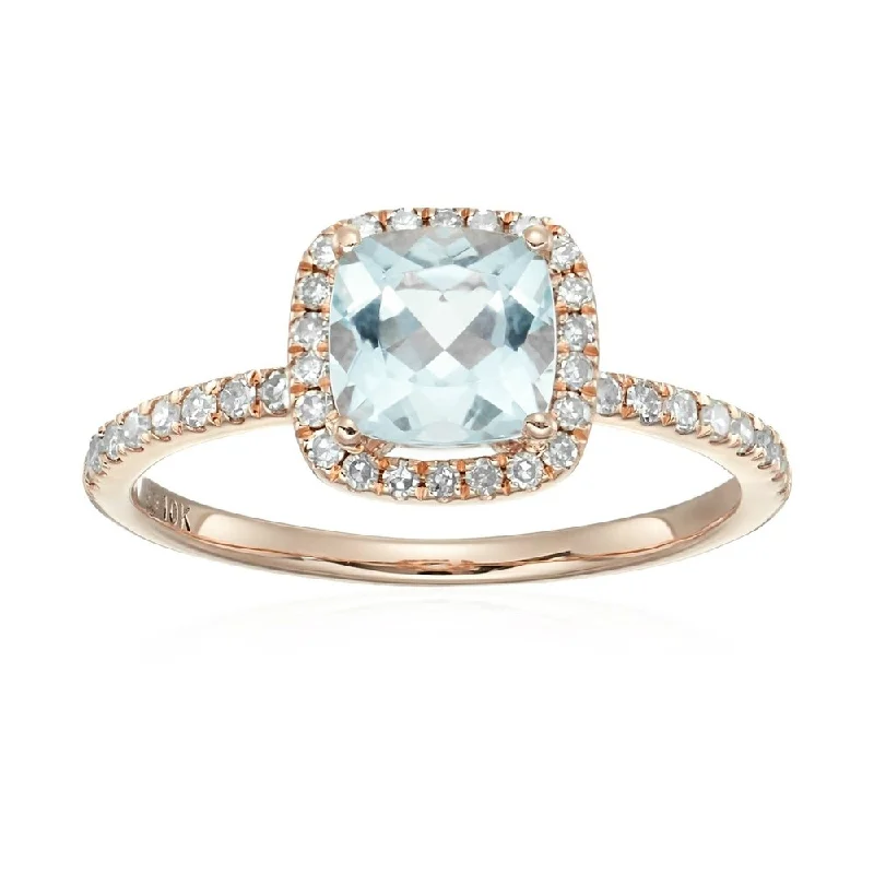 Dainty initial ring-10k Rose Gold Aquamarine and Diamond Cushion Halo Engagement Ring, Size 7