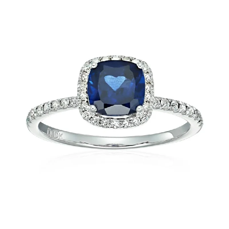 Hammered silver ring-10k White Gold Created Blue Sapphire & Diamond Engagement Ring