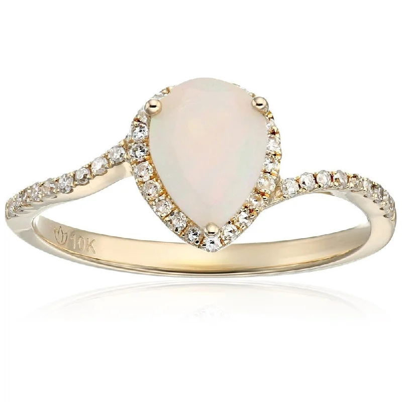 Gold plated stack ring-10k Yellow Gold Ethiopian Opal Diamond Pear Engagement Ring - White