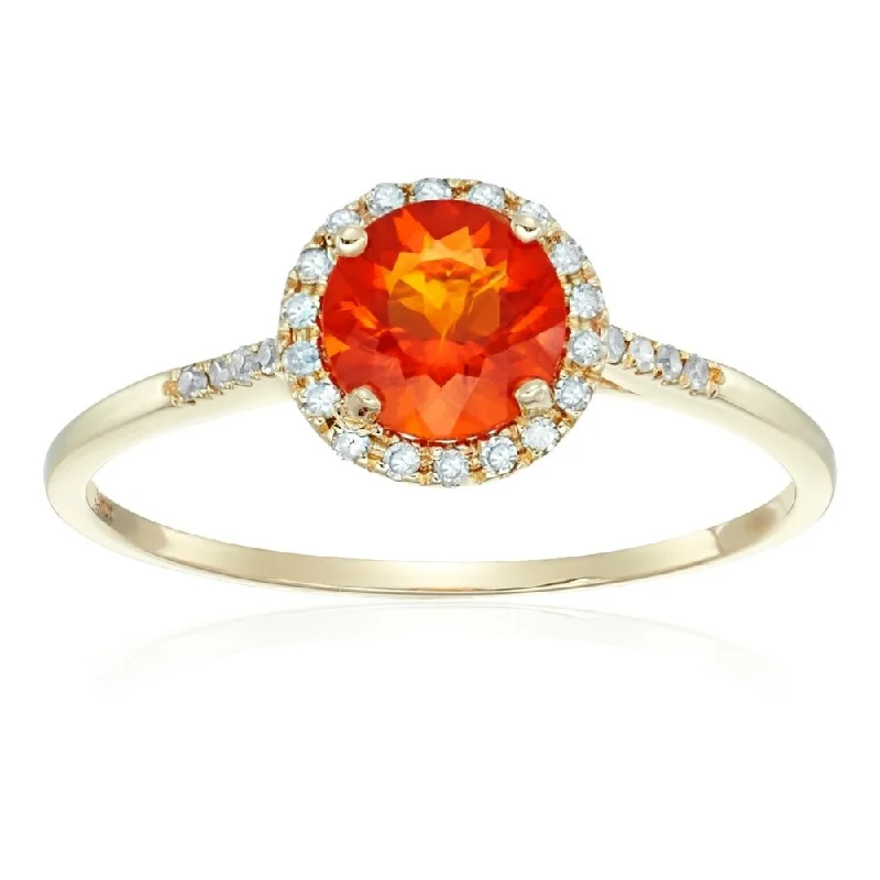 Triple stone ring-10k Yellow Gold Fire Opal and Diamond Classic Princess Di Halo Engagement Ring , Size 7