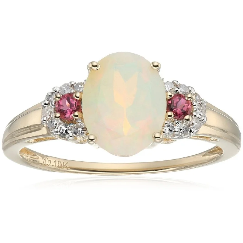 Rose quartz ring-10k Yellow Gold Pink Tourmaline Diamond 3-Stone Engagement Ring, Sz 7