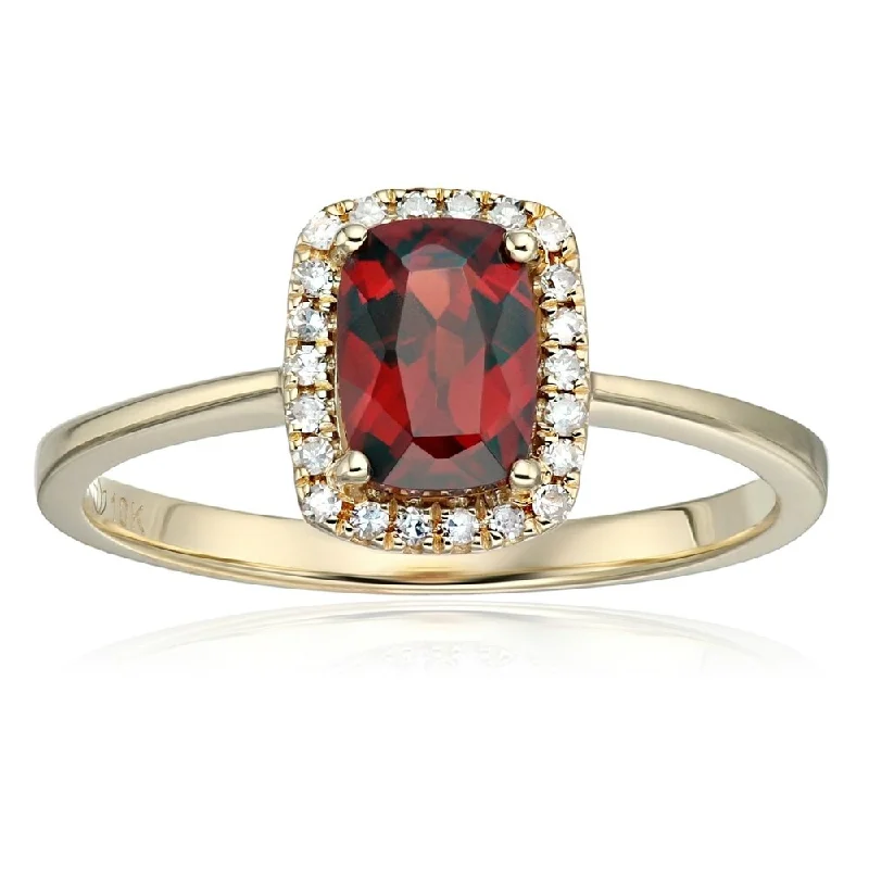 Modern minimalist ring-10k Yellow Gold Red Garnet & Di Cushion Halo Engagement Ring Size - 7