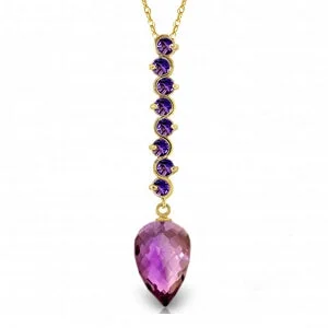 Floral engraved necklace-11.05 Carat 14K Solid Yellow Gold Necklace Pointy Briolette Drop Amethyst