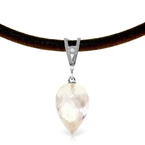 Raw crystal necklace-12.26 Carat 14K Solid White Gold Leather Necklace Diamond White Topaz