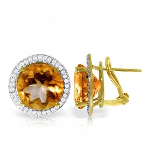 Engraved promise earrings-12.4 Carat 14K Solid Yellow Gold French Clips Earrings Diamond Citrine