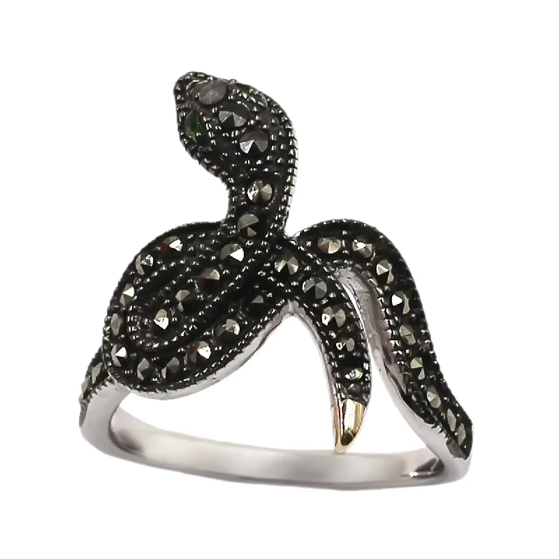 Oxidized silver ring-14k Gold and Sterling Silver Chrome Diopside and Marcasite Ring