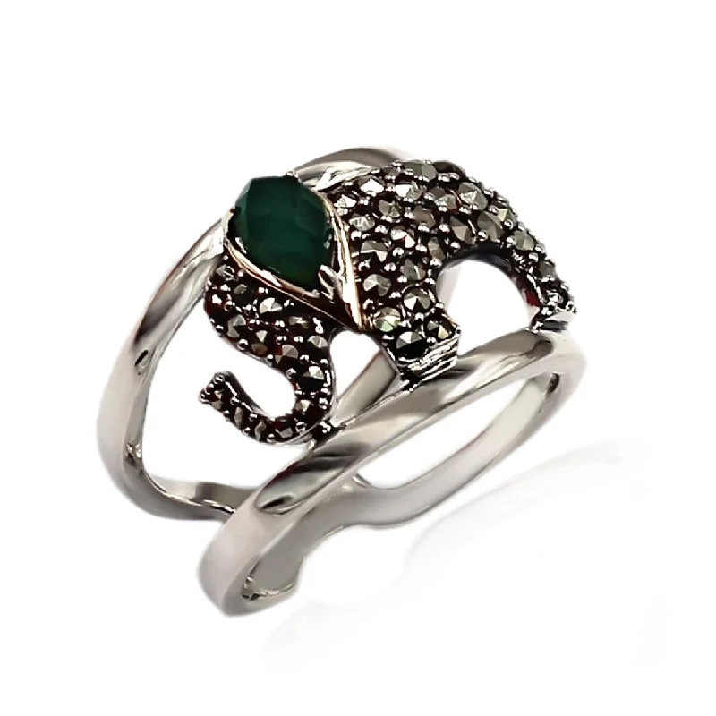 Sunburst design ring-14k Gold and Sterling Silver Green Agate Marcasite Ring