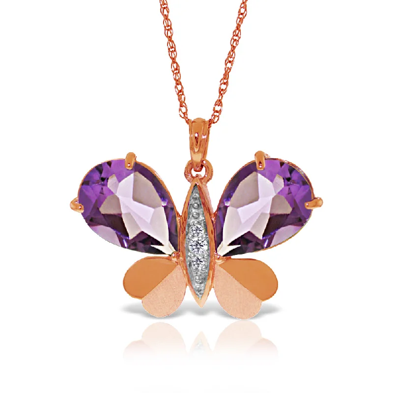 Modern minimalist necklace-14K Solid Rose Gold Butterfly Natural Diamond & Amethyst Necklace