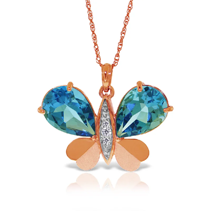 Geometric pendant necklace-14K Solid Rose Gold Butterfly Natural Diamond & Blue Topaz Necklace