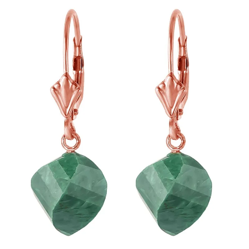 Wave pattern earrings-14K Solid Rose Gold Leverback Earrings Twisted Briolette Emeralds