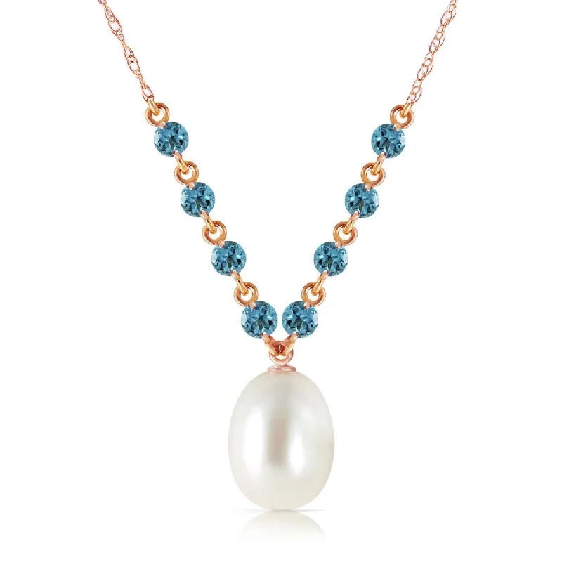 Sterling silver pendant necklace-14K Solid Rose Gold Natural Blue Topaz & Pearl Necklace Gemstone