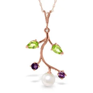 Enamel flower necklace-14K Solid Rose Gold Necklace w/ Amethyst, Peridot & Pearl