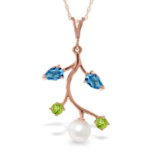 Geometric pendant necklace-14K Solid Rose Gold Necklace w/ Blue Topaz, Peridots & Pearl