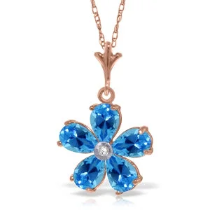 Side stone necklace-14K Solid Rose Gold Necklace w/ Natural Blue Topaz & Diamond