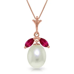 Gold plated necklace-14K Solid Rose Gold Necklace w/ Natural Pearl & Rubies