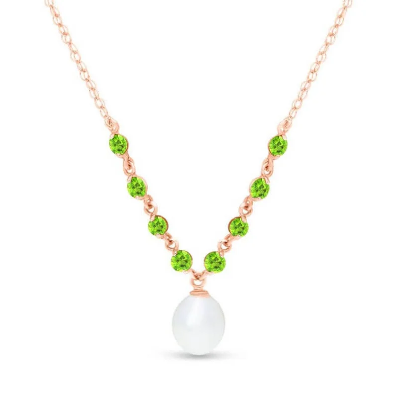 Minimalist bar necklace-14K Solid Rose Gold Necklace w/ Natural Peridots & Pearl