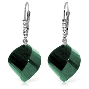 Hammered gold earrings-14K Solid White Gold Leverback Earrings Diamonds & Briolette Emeralds