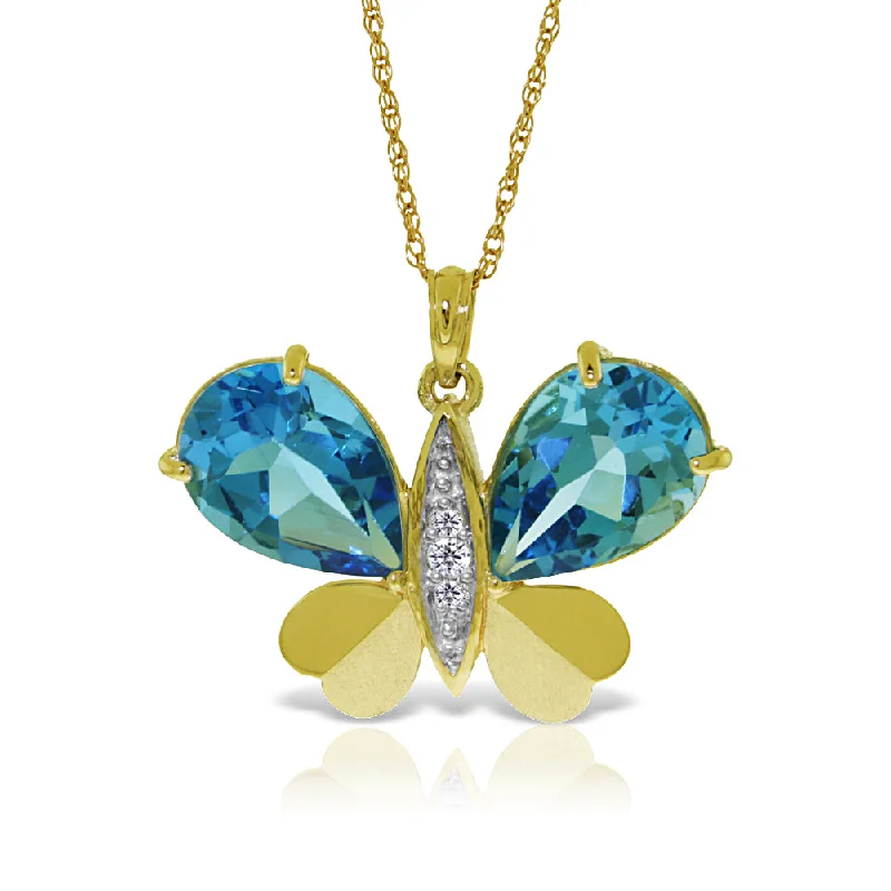 Rose quartz necklace-14K Solid Yellow Gold Butterfly Natural Diamond & Blue Topaz Necklace