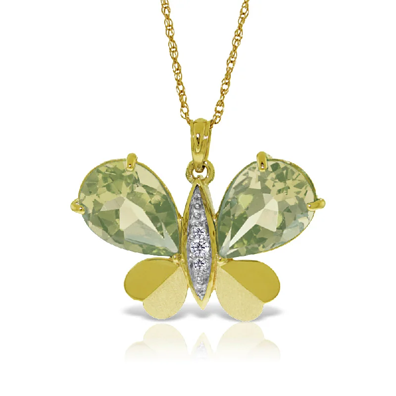 Double layer necklace-14K Solid Yellow Gold Butterfly Necklace w/ Natural Diamonds & Green Amethysts